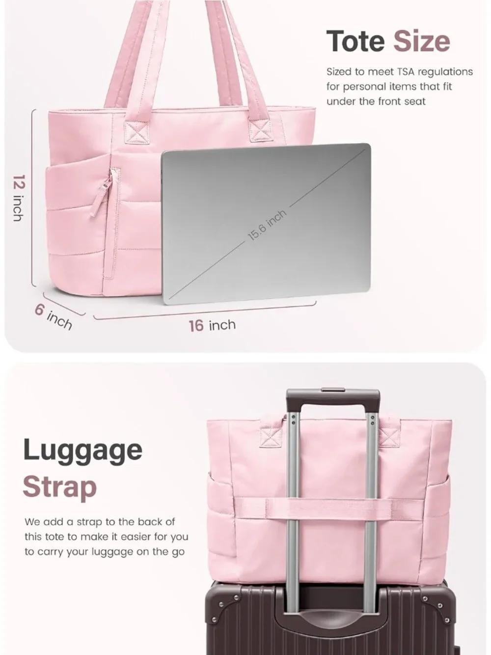 👜Women's Light Pink Quilted Puffer Tote Bag Zipper Work Bag With Compartments